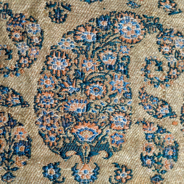 16th Century Safavid Silk Lampas panel with lavish gold thread. 
Good condition. Museum piece. Some red thread remains on the edges from a previous mount and I did not remove it.

  