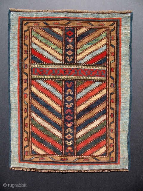 A unique Antique Armenian Prayer Kazak. Unusual aubergine colored wefts.36x24 inches.                      