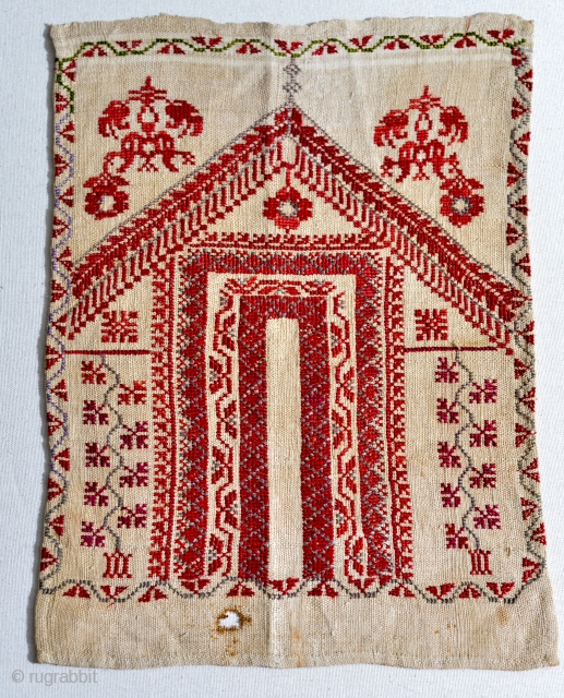 1800s Palestinian embroidery with Tyrian dye and traces of green silk.
Very early example from Ottoman era. 11 x 15 inches. 
It will flatten fine (was not stored flat).     