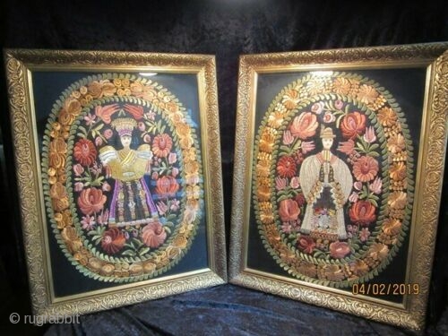Unusual Pair of Antique Hungarian Matyo embroidery. Gesso frames. 27 x 23 inches.
                    