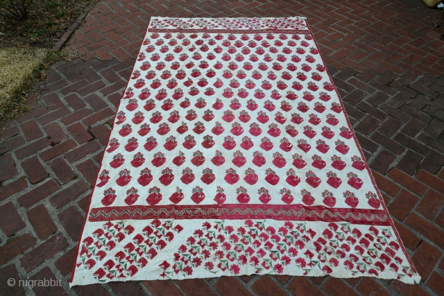 Antique Phulkari Thirma Bagh. Silk floss on gauze linen. Perfect condition. Early example. Approx 110 x 60 inches.               