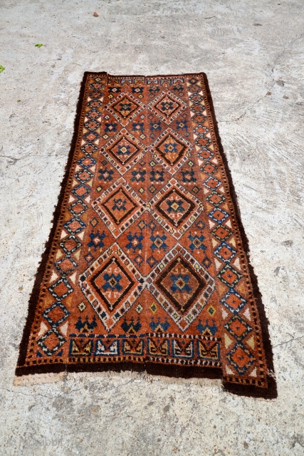 Antique Uzbek Julkhyr or Julkhir rug 39 x 98 inches or 3'3" by 8'2" made of 4 sections stitched together.  Thick and heavy, high pile rug.      