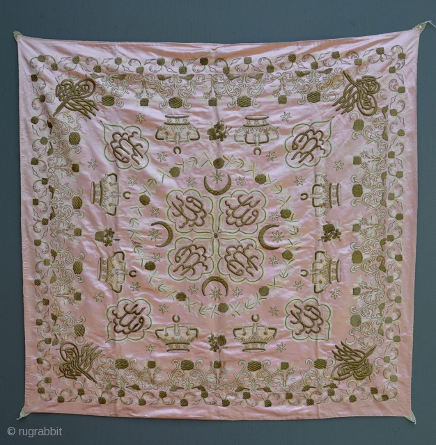 Large antique Ottoman Turkish Imperial Tughra seal embroidery or tapestry. Approx. 4.5 x 4.5 ft. Laced corners. Metallic gold wire on silk. Pristine original condition.        