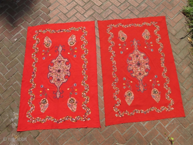 XIXth C. Pair of identical Resht or Rashti embroidery tapestries. Very large -- Approx 80 x 50 inches. Colors still crisp and vibrant. Few small holes.       