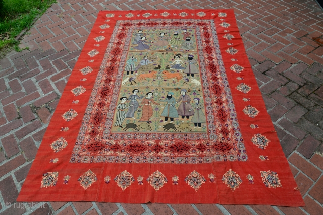 Inscribed Isfahan or Resht embroidery tapestry. Red Adras (not felt). 6ft x 8.5 ft (99 x 71 inches)               