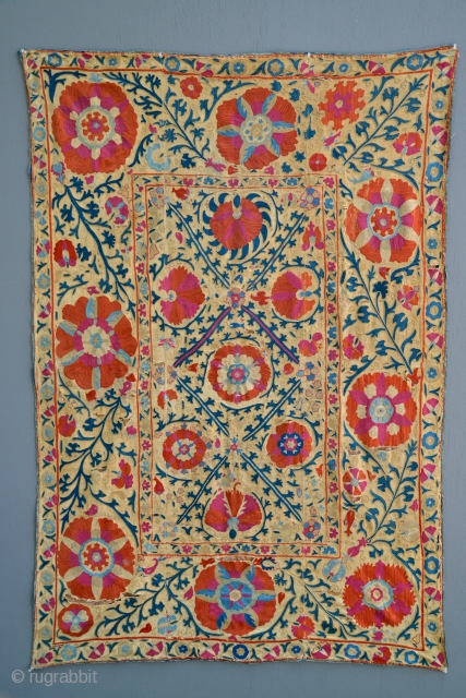 Antique Uzbek Suzani. Excellent colors and very fine silk embroidery threads. Subtle Mihrab prayer design. Embroidery is in very good to excellent condition, background linen has some weakness issues. 3 separate and  ...