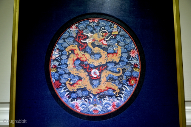 A very fine XIXth Century Chinese Imperial two-clawed Dragon Seal. This is a museum quality badge and is in a pristine state of preservation. Triple-framed in silk (blue, red, black). Kesi or  ...