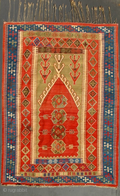 1850 LARGE CAUCASIAN OR ANATOLIAN ARMENIAN PRAYER or ALTAR KILIM RUG.
I prefer to refer to this design as 'altar' instead of 'prayer' because such rugs were more likely used to hang as  ...