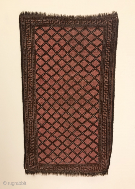 Antique Turkmen Rug. Rare piece with horsehair warps. The field features a bold contrasting lattice design with dice minor border. Excellent condition. Remnants of kilim ends. Original goat hair selvage. 6 colors.  ...