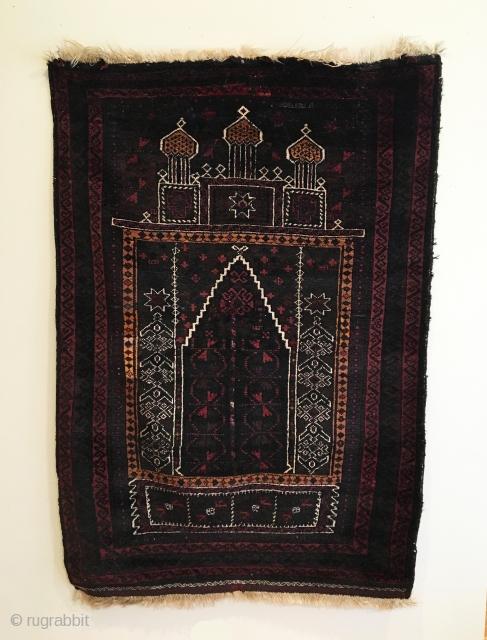 Kaudani Baluch Prayer Rug.  SE Persia.   Circa Antique.  Silk highlights in center. 

Full pile.  Few old invisible reweaves. (only visible on back).  54x38.  7 colors.  ...