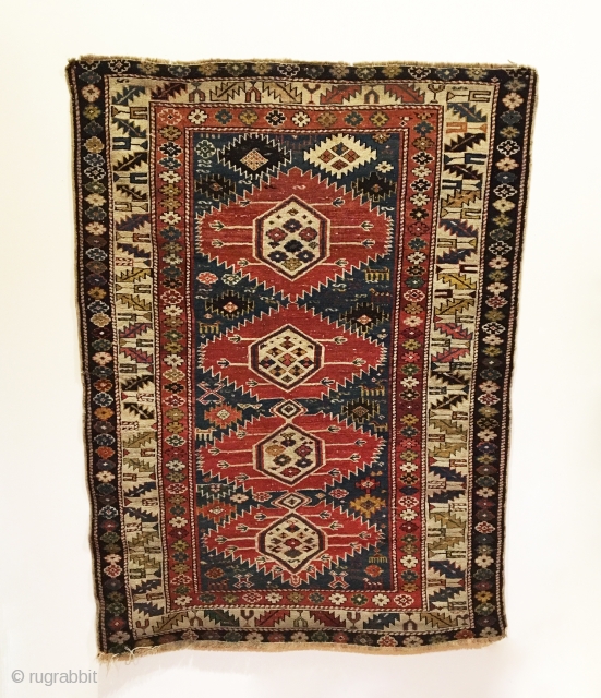 Karagashli Rug.  3rd Quarter 19th Century.  Four electric medallions float on blue field.  9 colors. Condition: very good, original selvage.  59 x 44in.  Delicately hand washed.  