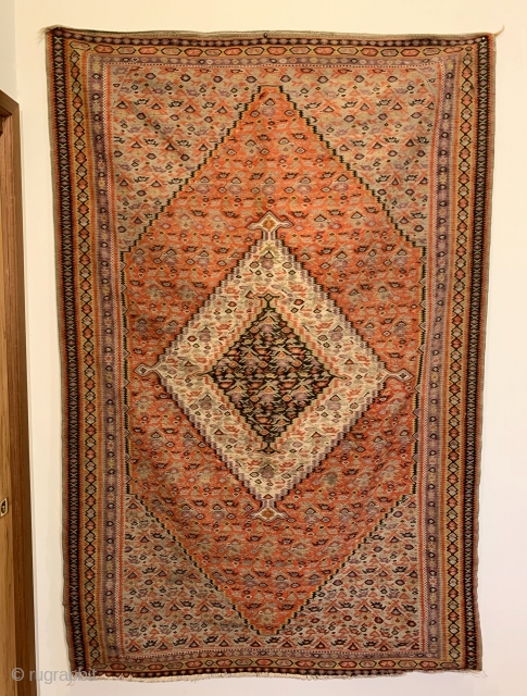 Antique Senneh Kilim. Fine weave. All original sides. 7 colors. 4’4 x 6’7. Delicately hand washed.                 