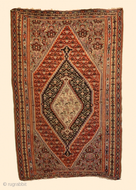 Antique Senneh Kilim. Fine weave. All original sides. 8 colors. 4’1 x 6’4. Delicately hand washed.                 