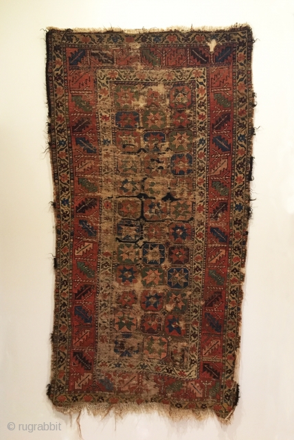 Early Kurd Long Rug.  3 x 12 Star Gol field.  Tribal Wall Art.  Remnants of original ends and goat hair selvage.  9 colors.  Cotton warp and wool  ...