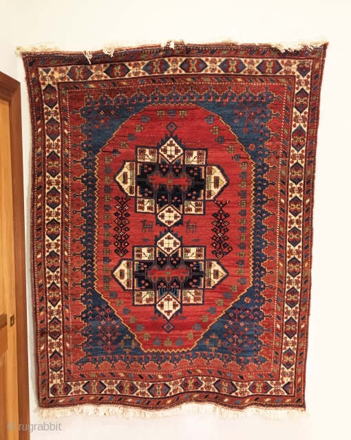 Antique Afshar Rug. Circa 1900. The design exhibits dual ‘ashik tipped’ medallions on a saturated madder red field. Mint condition. 9 colors. 4’10” x 6’4”. Delicately hand washed.     