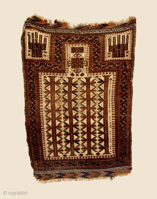 Rare Antique Baluch Prayer Rug. Circa Early. Powerful indigo S dragons inside hand panels and a fine trefoil border frame three and a half tree totems on rare ivory ground field. Note:  ...