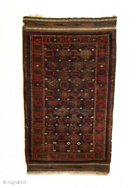 Antique Salar Khani Khorasan Baluch Rug.  Last Quarter 19th Century.  All over brown gul corrosion.  A true beauty of wall art.  Great condition for age.  4 cord  ...