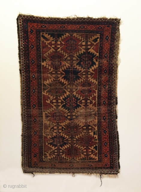 Antique Baluch Rug, Northeastern Iran.  Mid 19th Century.  Ashik design on camel field.  Nice wall art.  Great condition for age.  7 colors.  4’ 3” x 2’  ...