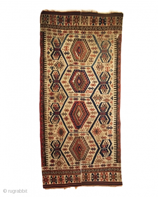 Antique Anatolian Aydin Kilim. 19th Century. This is a monumental, early white ground West Anatolian (Aydin Region) kilim exhibiting saturated vegetable colors with bold drawings. In the heart of the kilim, stand  ...
