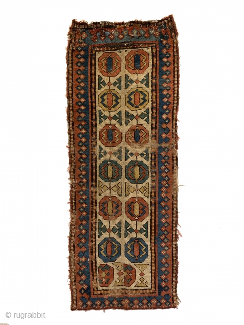 Antique Rare Gendje Small Rug. Circa Early. Two rows of elongated Gendje border ornaments on white ground field framed by blue trefoil border. Saturated dyes including a nice green. Original condition. Old  ...