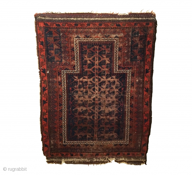 Antique Timuri Baluch Prayer Rug.  19th Century. Blue ground. Brown corrosion to center Tree motif. Has 8 borders. Kilim ends intact with wear as shown. Tribal wall art. Good condition considering  ...