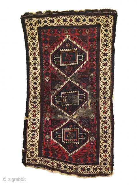 Antique Turkish Gaziantep Rug. 2nd Half 19th Century. Three archaic ivory outlined hexagonal medallions float on deep cochineal field. Framed by gorgeous ivory floral border and saturated colors throughout. Soft, lustrous wool  ...