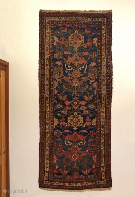 Antique Bakhtiari Long Rug.  Last Quarter 19th Century.  Floral garden field.  Art-level design.  If you placed the white palmette with extending bird heads below the twin dragon head  ...