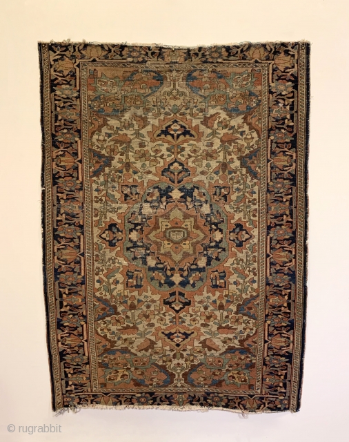 Antique Ferahan Sarouk Rug. Circa 1880. Short velvety pile and fineness of weave are hallmarks of this Persian Rug woven in the Ferahan Plain. 6 eight sided medallions radiate outward onto a  ...