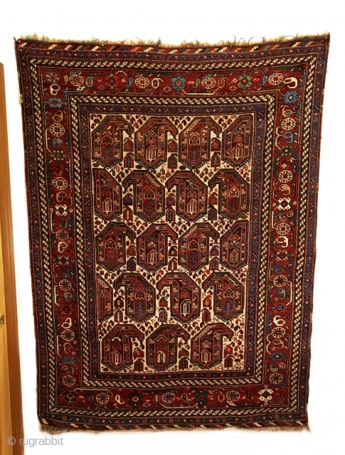 Khamseh Rug.  2nd Half 19th Century.  Finely drawn ‘mother-daughter’ Botehs rest on ivory field interspersed with smaller botehs filling the subtle space amongst each larger pattern.  A very special  ...