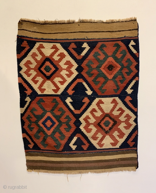 Antique Caucasian Kilim Fragment. 2nd Half 19th Century. Soft dungaree handle. Early addition to top and bottom. 5 colors. Strong green. 3’10” x 3’0”. Professionally hand washed.      