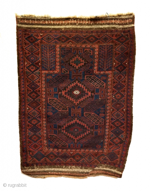 Antique Baluch Prayer Rug. Last quarter 19th Century. Blue ground. Original kilim ends and selvage. Repaired slits at top and bottom right corners. 3’3 x 4’9. 6 colors. Carefully hand washed.  