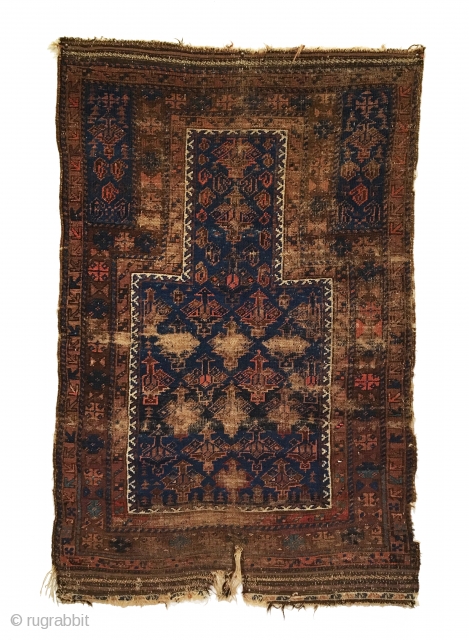 Antique Dokhtar-I-Ghazi Baluch Prayer Rug. Last Quarter 19th Century. Good condition considering age with original sides and selvage. Wear spots to mid field correlates to kneeling wear from prayer. 3’0 x 4’10.  ...