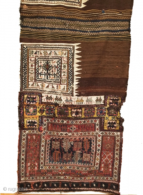 Antique Bakhtiari Saddle Bags. Last Quarter 19th century. Complete bags intact and all original. This could serve as a repository for many ancient tribal symbols. Saturated colors on piled areas. Excellent condition  ...