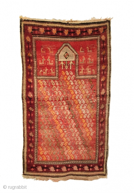 Antique Caucasian Karabagh Prayer Rug. Inscribed and Dated 1892. Diagonal Boteh motif fills field. 14 animals surround prayer arch. Excellent Condition with full pile. 6 colors. 2’8 x 4’9. Carefully hand washed. 