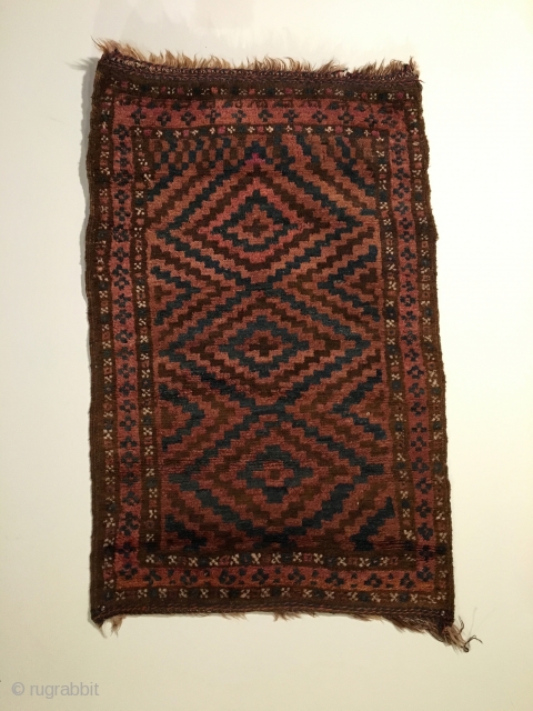 Small Afghan Baluch Rug.  Circa Antique.  Radiating diamond pattern.  Full lustrous pile.  Excellent condition.  All original ends.  4 colors.  38 x 24. Clean and hand  ...