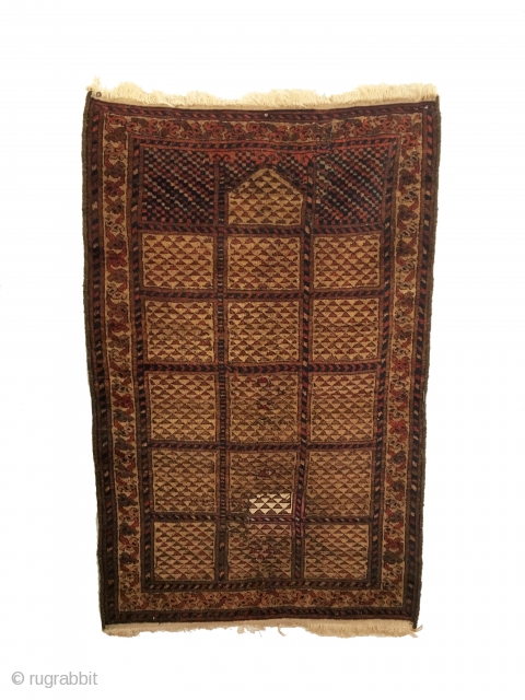 Rare Antique Turkmen Prayer Rug. 2nd Half 19th Century. Camel ground. One minor expert reweave lower field. Both ends rewoven. 4 colors. 2’7 x 3’11. Carefully hand washed.     