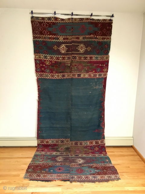 South-east Anatolian Aleppo Kilim.   Circa Early.  Rare turquoise blue field + old purple.  Rare enough to enter a Museum Collection as it is the second known example based  ...