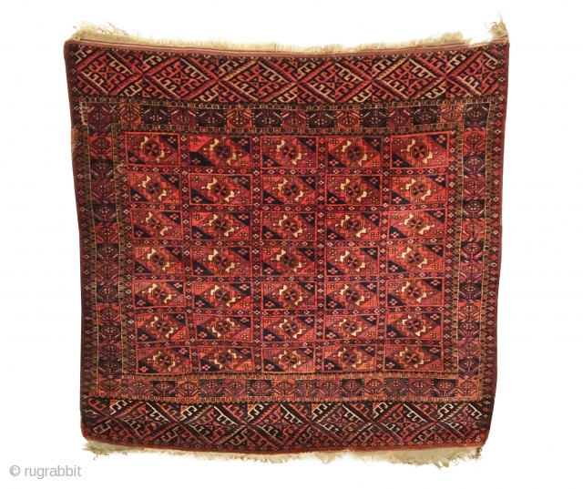 Antique Tekke Small Rug. Mid 19th Century. Miniature version Archetypal Gul 5 x 7 field.  Flower in the box border motif used by Tekke sub-tribes. Possible dowry piece. Full soft shiny  ...