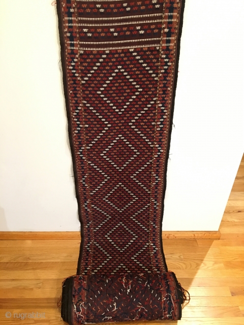 Yomud Flatweave Sumac Tent Band.  Central Asia, Turkmenistan.  Late 19th Century.  Rare purple-brown field.  Mint Condition.  7 colors.  42ft x 1ft 8in.  Clean and hand  ...