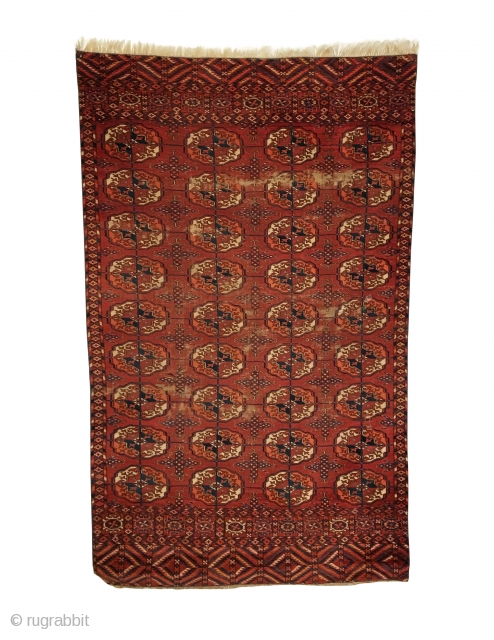Antique Tekke Small Main Carpet. Mid 19th Century. 4 x 9 gul pattern. Extremely fine weave with piled rhombus elems containing light yellow. 7 colors. 3’0 x 4’11. Carefully hand washed.  