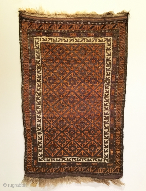 Afghan Baluch Rug.  Circa Antique.  Very good condition, full lustrous pile.  Original kilim ends.  5 colors.  63 x 39.  Clean and hand washed.    