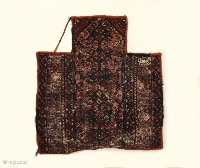 Antique Bakhtiari Salt Bag. Early 20th Century. Two woven dates seen. opposing bird head meandering border encloses field of horned birds heads surrounding bird tree. This is a great tribal salt bag.  ...