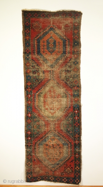 Early Caucasian Runner.  Karabagh district.  Possible Date/Inscription?  Serrated hexagonal medallions connect field.  Wool on cotton.  Strong green throughout.  No repairs.  Original condition.  Hanging wall  ...