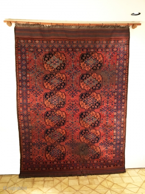  Ersari Main Carpet.  Mid 19th Century.  Amu Darya Region, Central Asia.  2 x 6 Gulli-gol field.  Condition: very good.  Original selvages and full kilim ends.   ...