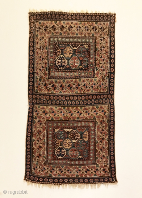 A pair of early Shahsavan Khorjin faces sewn together. Woven in the Bijar area by the Khamseh. 1st Quarter 19th Century. 9 saturated colors that include green and purple. 3’8” x 1’10”.  ...