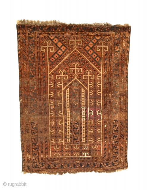 Antique Ersari Beshir Prayer Rug. Gul-i badam (“almond blossom”) Main Border. Old expert repairs. 6 colors. 2’11 x 3’11. Delicately hand washed           