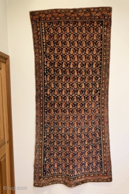 Antique Kurdish Long Rug. Glowing botehs dance to the left and right on a deep indigo blue field. The weaver and family appear on the leftest part of field. Original condition with  ...