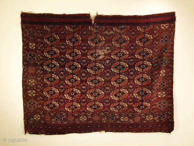 Tekke Turkmen Main Carpet fragment.  ETG Carpet, Group ETII (originally 10 x 5 gols), early 19th Century or before.  This rare carpet exhibits early Tekke design features put forth by  ...