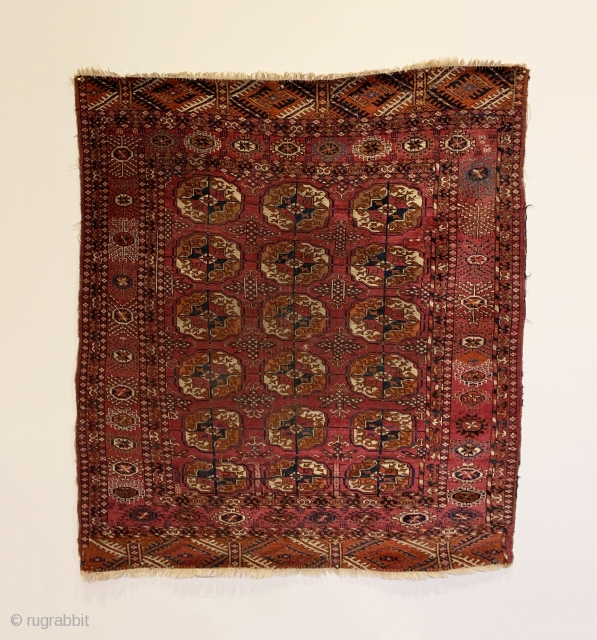 Antique Tekke Small Rug. Late 19th Century. Possible ceremonial or wedding piece. All saturated colors with old yellow, cochineal and madder throughout. Original condition with bits of original selvedge. 8 colors. 4’0”  ...