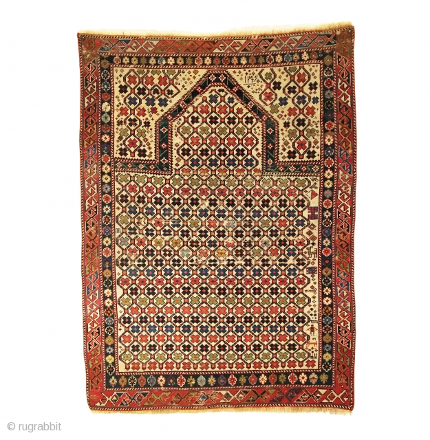 Antique Shirvan Prayer Rug. White Ground. Dated 1295 = Circa 1879. Hexagonal lattice enclosing colorful small flower petals. Note: Field design continued above pentagonal mihrab. Very good condition considering age with even  ...